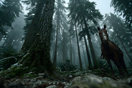 A serene horse stands amidst a misty forest, surrounded by towering evergreen trees. the atmospheric scene tranquility and mystery often found in nature, evoking a sense of adventure and exploration in a wilderness setting. Generative AIの素材