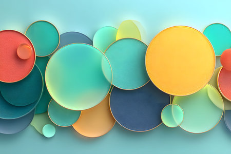 Vivid abstract art features layered, overlapping circles in varied sizes and vibrant colors. the geometric design evokes a sense of contemporary style, perfect for modern art prints, home decor, or creative design elements. Generative AIの素材