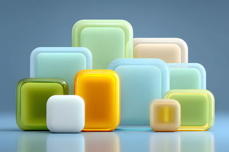 Collection of colorful, translucent geometric shapes arranged against a soft gradient background, showcasing modern design elements. perfect for art projects, graphic design inspiration, and contemporary decor. Generative AIの素材