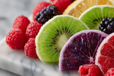 Fresh and colorful fruit slices beautifully arranged on a marble surface, each piece delicately sugar-coated. highlighting the vibrant hues of kiwi, lime, raspberry, and blackberry, perfect for culinary or summer themes. Generative AIの素材