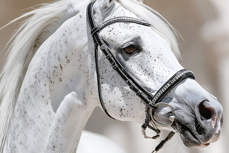 Close-up of a majestic white horse with a finely detailed bridle, showcasing its striking expression and elegance. the horse's speckled coat and luxurious mane are highlighted, portraying gracefulness and strength. Generative AIの素材