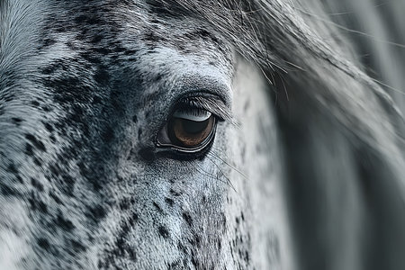 A detailed close-up of a dappled grey horse's eye intricate patterns of its coat and the soft texture of its mane. the image highlights the horse's gentle expression, perfect for nature lovers and equestrian-themed designs. Generative AIの素材