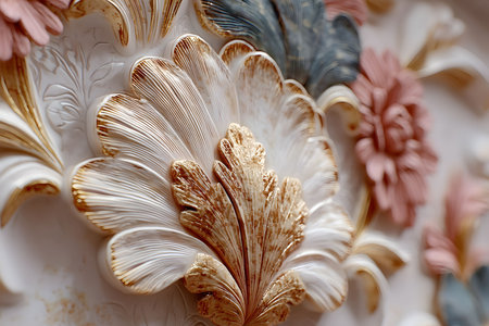 Detailed floral relief design featuring gold accents, showcasing intricate craftsmanship. ideal for luxurious home decor, art installations, and interior design projects emphasizing elegance and sophistication. Generative AIの素材