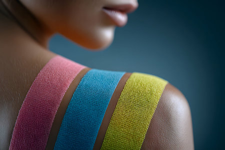 Close-up of a shoulder applying colorful kinesiology tape in pink, blue, and yellow for muscle support and pain relief. perfect for representing sports therapy, injury prevention, and athletic training. Generative AIの素材