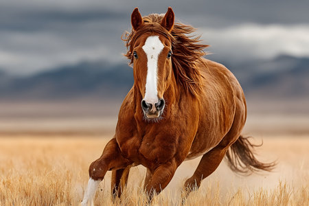 A wild horse gallops freely across a vast desert, capturing the essence of freedom and untamed nature. the animal's powerful physique and flowing mane contrast with the barren landscape, under a dramatic cloudy sky. Generative AIの素材