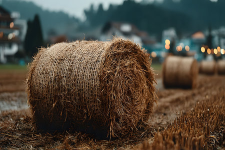 A tranquil countryside scene featuring large hay bales scattered across a field at twilight. soft evening light highlights the texture of the straw, with distant farm buildings and trees creating a serene, rustic backdrop. Generative AIの素材