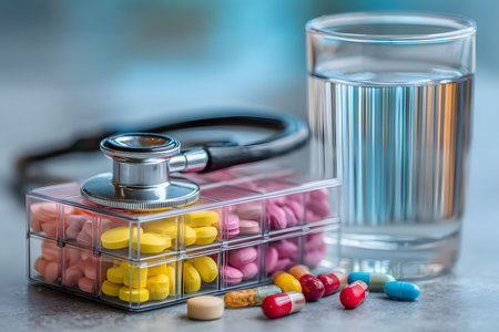 A daily healthcare setup featuring a stethoscope, a medication organizer filled with colorful pills, and a glass of water, the importance of medication management and hydration for maintaining health. Generative AIの素材