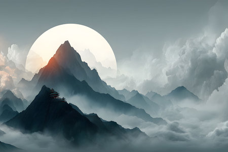 A serene mountain landscape features towering peaks shrouded in mist, with a large sun rising or setting in the background. fluffy clouds surround the mountains, creating a mystical and awe-inspiring atmosphere, ideal for calming decor. Generative AIの素材
