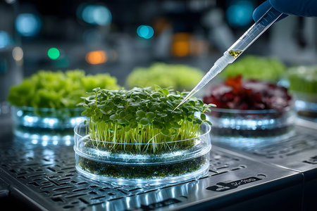 Laboratory setting scientific research in agriculture. seedlings in petri dishes are examined with a pipette, showing advanced technology and precision in plant growth experiments. Generative AIの素材