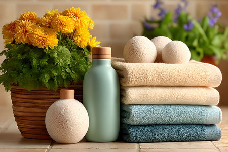 Spa essentials featuring stacked towels in varied earthy tones, complemented by bath products with wooden lids. a basket with yellow flowers and a blurred garden backdrop enhances the peaceful setting. Generative AIの素材