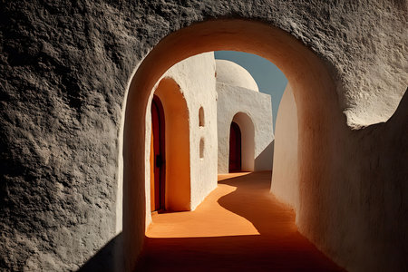 Sunlight illuminates an arched pathway leading through traditional mediterranean architecture, showcasing textured walls and vibrant shadows. the scene emphasizes the interplay between light and structure. Generative AIの素材