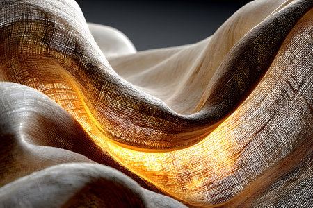Flowing fabric showcasing elegant wave patterns intricately woven, illuminated by a warm, glowing light. the textured fabric creates a dynamic, abstract atmosphere with shadows and highlights, perfect for modern design themes. Generative AIの素材