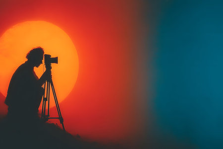 A photographer silhouetted against a vibrant sunset with a colorful orange and blue sky. the image highlights the art of photography, combining nature's beauty with creative expression, ideal for artistic and inspirational uses. Generative AIの素材