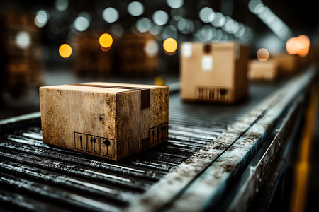 Cardboard boxes move along a conveyor belt in a warehouse, illuminated by industrial lighting and surrounded by a blurred background. the scene highlights efficiency and organization in shipping and logistics operations. Generative AIの素材