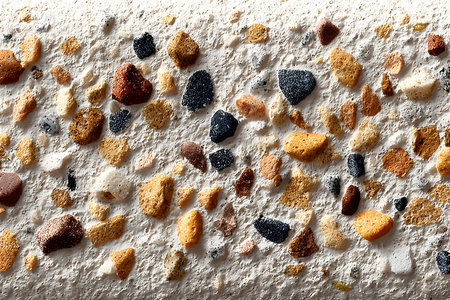 Vibrant pebbles embedded in rough textured concrete create an eye-catching pattern. the mix of colors and textures offers a visually intriguing surface, ideal for design backgrounds, architectural inspiration, or artistic projects. Generative AIの素材