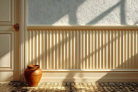 Sunlight casts geometric shadows on a textured wall in a classic interior setting. a terracotta ceramic vase adds warmth to the room, which features an ornate, patterned tile floor and detailed wainscoting. Generative AIの素材