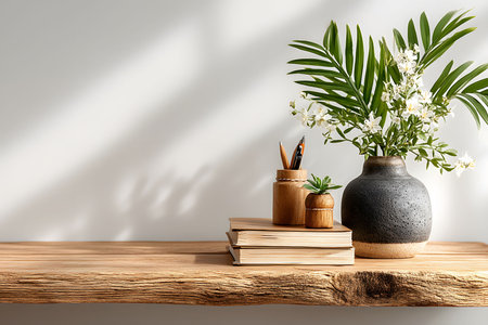 Minimalist home decor featuring a rustic wooden shelf adorned with a textured ceramic vase holding vibrant greenery and white flowers. accompanied by books and wooden pencil holders, this arrangement emphasizes natural elegance. Generative AIの素材