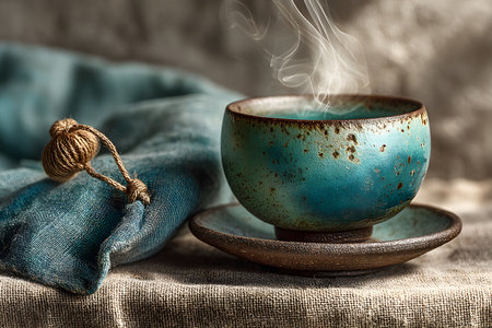 A rustic blue ceramic teacup emits gentle steam, conveying warmth and comfort. the textured design complements the variegated linen fabric backdrop, enhancing the cozy, artisanal ambiance suitable for print or digital use. Generative AIの素材