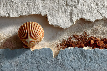 A seashell rests against a weathered wall, featuring layers of peeling paint and rustic texture. the image captures a serene coastal vibe, natural elements and earthy tones, perfect for decor inspiration. Generative AIの素材