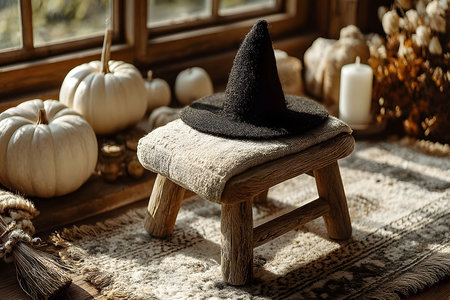Witch hat placed on a rustic stool adds a spooky touch to the cozy autumn decor. white pumpkins, dried flowers, and a candle enhance the warm, inviting halloween atmosphere by the window. Generative AIの素材