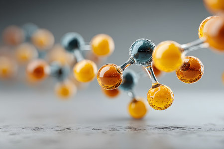 Abstract visualization of molecular structures featuring interconnected spheres in orange and blue against a blurred background. ideal for educational materials, scientific publications, and conceptual designs. Generative AIの素材