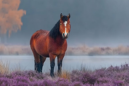A stunning wild horse stands gracefully amidst a field of purple heather, enveloped by a serene mist. the background showcases soft autumnal hues, creating a tranquil and enchanting scene. Generative AIの素材