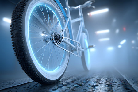 A close-up view of a futuristic bicycle featuring illuminated neon lights the wheels, set against a sleek, modern background. the dynamic scene suggests innovation and urban mobility trends. Generative AIの素材