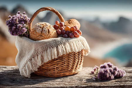 A rustic wicker basket filled with fresh bread, grapes, and purple flowers sits on a wooden surface against a blurred mountainous backdrop. perfect for themes of outdoor dining, relaxation, and natural beauty in a serene environment. Generative AIの素材