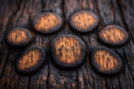 Close-up of a textured wooden surface featuring circular patterns in a rustic, weathered style. ideal for backgrounds, design elements, or artistic projects requiring natural, earthy tones. Generative AIの素材