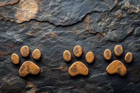 Animal paw prints impressed on textured stone, evoking themes of wildlife exploration and natural habitats. a perfect design for nature-themed print materials, posters, or educational content. Generative AIの素材