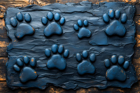 Blue animal paw prints are arranged symmetrically on a weathered, textured wooden surface, creating a rustic wilderness theme. the high contrast of colors emphasizes the natural and adventurous concept. Generative AIの素材