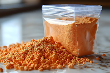 A clear resealable plastic bag filled with fine orange powder rests on a marble surface, with a small pile of the powder beside it. ideal for use in culinary, nutritional, or artistic applications, its vibrant hue and texture. Generative AIの素材