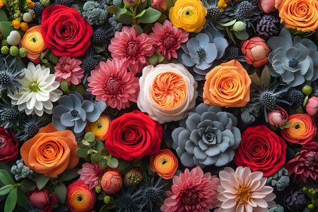 A colorful assortment of blooming flowers showcasing roses, dahlias, and succulents in array of vibrant hues. perfect for spring-themed designs, greeting cards, or home decor inspiration. Generative AIの素材