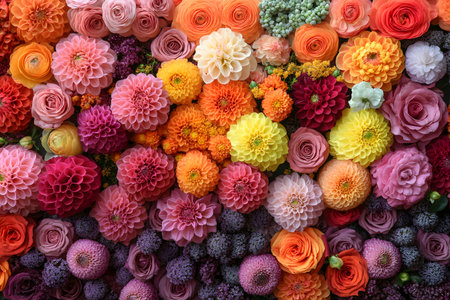 A vibrant collection of colorful dahlia flowers with various shades, including orange, pink, and yellow. this lush arrangement is ideal for spring decor, adding a fresh and lively touch to any room or design project. Generative AIの素材