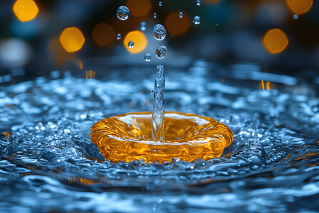 A mesmerizing water droplet splash creates ripples in a pool, set against a vibrant bokeh background. the golden and blue tones highlight the droplet's dynamic movement, perfect for abstract and nature designs. Generative AIの素材