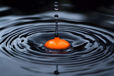 A vivid orange drop creates a captivating splash and concentric ripples on a dark water surface. this high-speed photography highlights the dynamic interaction of liquid elements, emphasizing motion, impact, and fluidity. Generative AIの素材