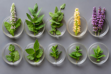 Various herbs, including mint and lavender, are artfully arranged in clear petri dishes on a neutral background. this composition highlights the diversity and beauty of natural plants, perfect for botanical studies or aromatherapy design. Generative AIの素材