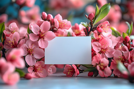 Vibrant pink blossoms surround a blank card, creating a perfect backdrop for a floral-themed greeting or invitation. the lush spring flowers convey elegance and freshness, ideal for seasonal promotions. Generative AIの素材