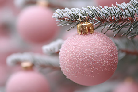 Frost-covered pink ornaments adorn snow-dusted evergreen branches, creating a serene and elegant holiday aesthetic. the delicate balance of soft pastel hues and winter elements showcases a modern christmas design. Generative AIの素材