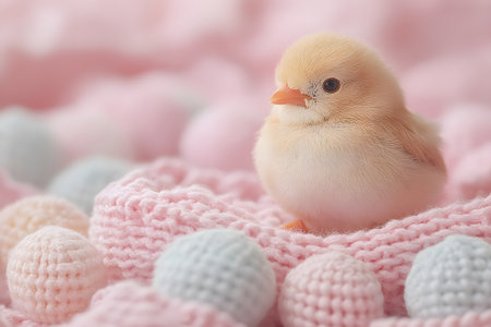 A fluffy baby chick nestled on a pastel knitted surface, surrounded by soft, knitted pastel balls. ideal for springtime and easter themes, bringing warmth and charm to seasonal designs or decorations. Generative AIの素材