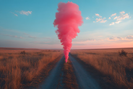 Captivating scene of vibrant pink smoke rising dramatically against a rural sunset. the tranquil dirt path and expansive fields enhance the surreal atmosphere, perfect for creative design or landscape themes. Generative AIの素材
