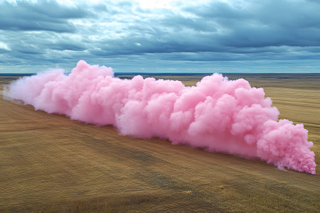A vibrant pink smoke cloud drifts across a vast, open field under a dramatic cloud-filled sky. this striking scene blends natural and surreal elements, making it ideal for creative design projects and conceptual artwork. Generative AIの素材