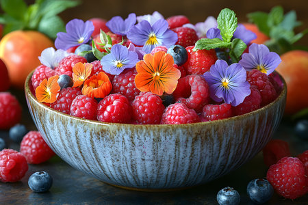 A visually appealing arrangement of fresh raspberries, blueberries, and vibrant edible flowers in a rustic ceramic bowl. the composition emphasizes a summer theme and promotes healthy eating, ideal for culinary or lifestyle visuals. Generative AIの素材