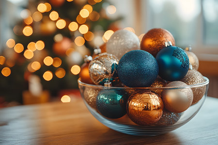 A collection of colorful christmas ornaments in a glass bowl set against a warmly lit background with a christmas tree. the bokeh effect adds a festive atmosphere, perfect for holiday-themed designs and decorations. Generative AIの素材