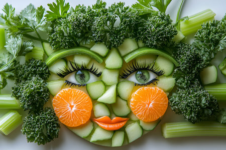 Playful artwork combines fresh fruits and vegetables to form a whimsical face, featuring vibrant greens and bright oranges. ideal for promoting healthy eating, creativity in food, and artistic presentations. Generative AIの素材