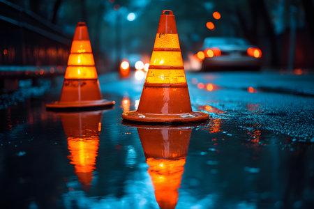 Illuminated traffic cones stand on a wet city street under soft evening lights, creating a reflective ambiance. the scene emphasizes urban safety, the importance of visibility in low-light conditions. Generative AIの素材