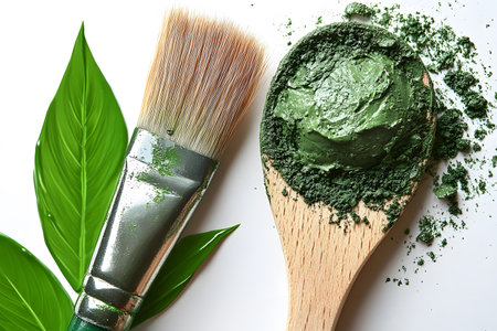 Overhead view of a green clay mask on a wooden spoon, paired with a makeup brush and fresh green leaves. this natural skincare setup emphasizes wellness, beauty, and eco-friendly spa treatments. Generative AIの素材
