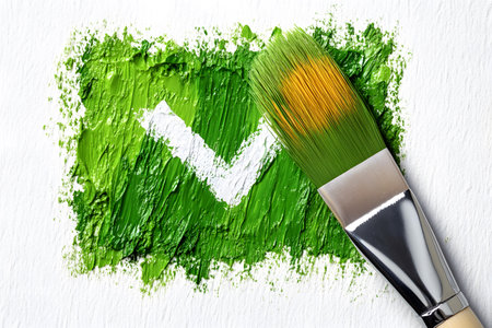 A decorative green checkmark painted on a textured canvas, symbolizing creativity and approval. a paintbrush lies across the artwork, showcasing artistry and design in a vibrant, expressive style. Generative AIの素材