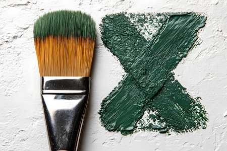 Close-up of a paintbrush with green bristles, its texture and detail. the brush lies beside an artistic green paint stroke in a cross shape on a textured white surface, ideal for creative design concepts. Generative AIの素材