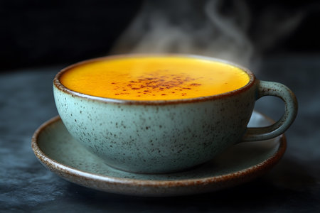 A steaming cup of vibrant yellow turmeric latte sits invitingly in a speckled ceramic cup with matching saucer. the rich, frothy surface sprinkled with spices evokes warmth, perfect for cozy autumn days. Generative AIの素材